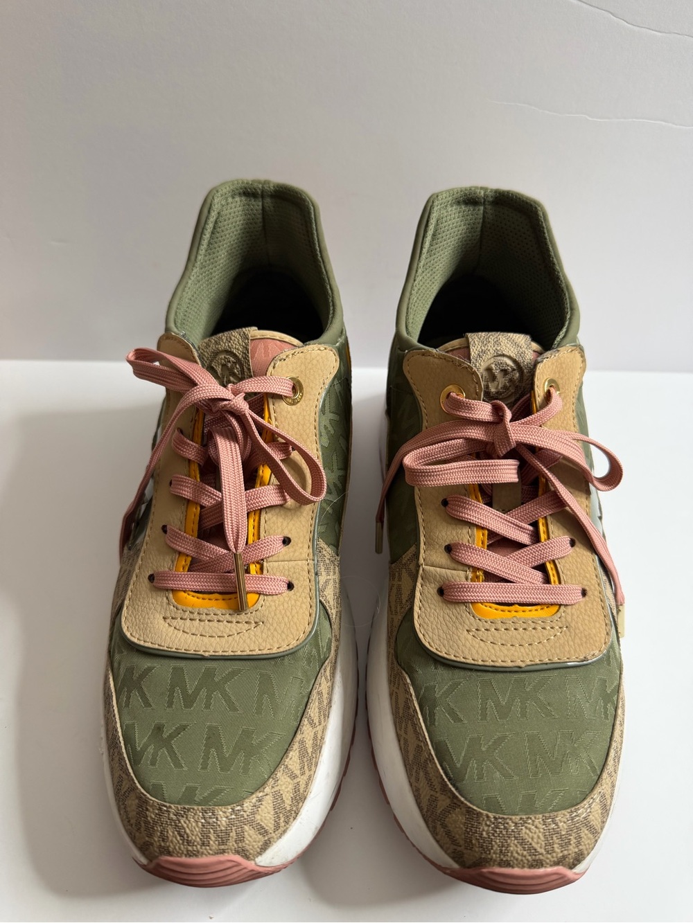 Michael Kors Olive and Pink Logo-Print Trainer Sneakers